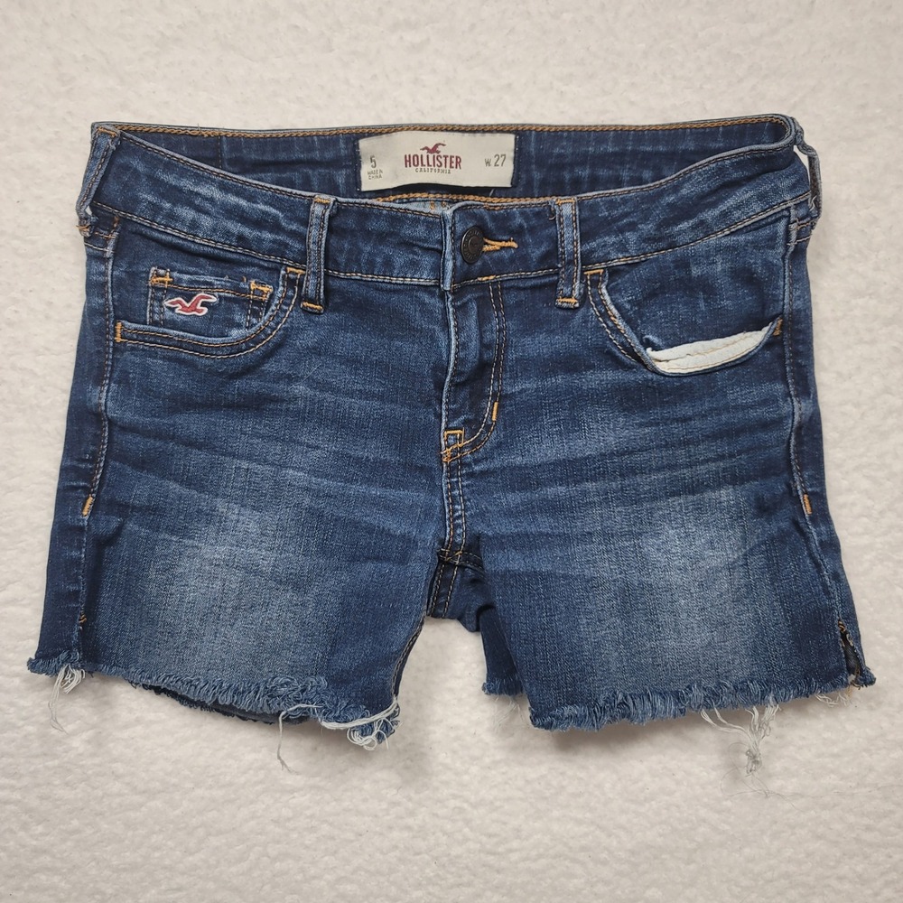 Hollister Denim Shorts Distressed Frayed Hem Low Rise Dark Wash